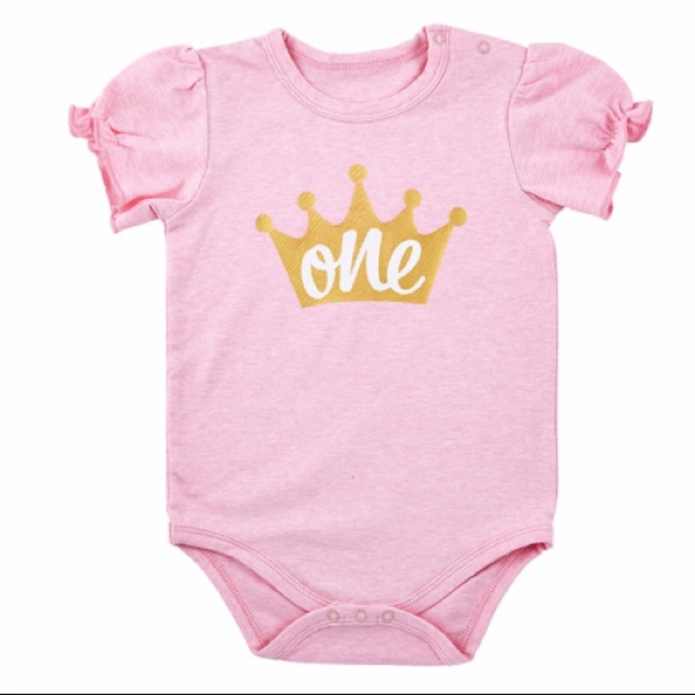 Snap ‘One’ Crown Onesie, Pink/Gold, Sz 6-12 Mnts